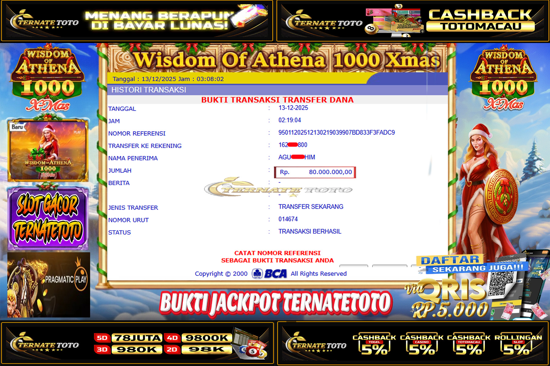 TERNATETOTO - JACKPOT Wisdom Of Athena 1000 Xmas DI PRAGMATIC PLAY Rp.80,000,000,-